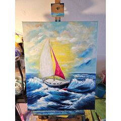 "Jedrilica na uzburkanom  moru" Akril na platnu