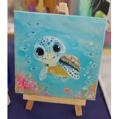 "Putovanje male kornjače" akril na mini platnu 12x12cm s štafelajem