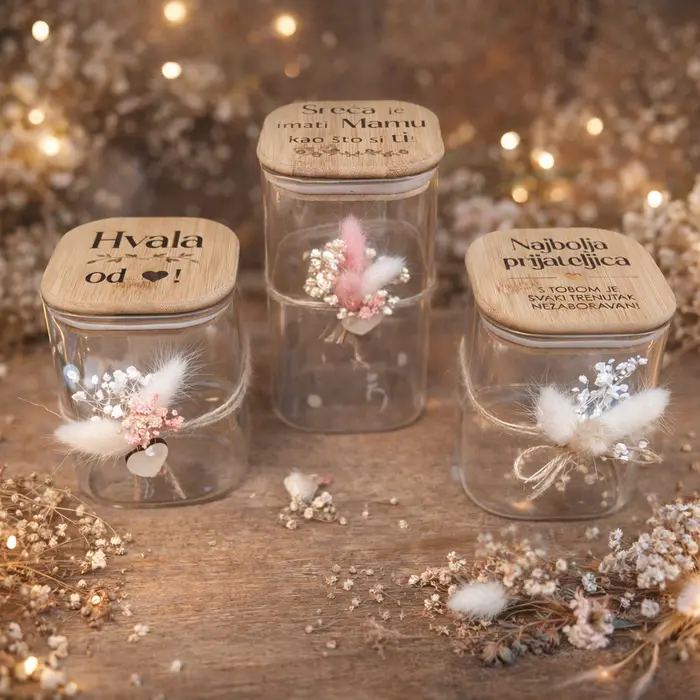 Personalizirane staklenke s graviranim bambus poklopcem i suhim cvijećem