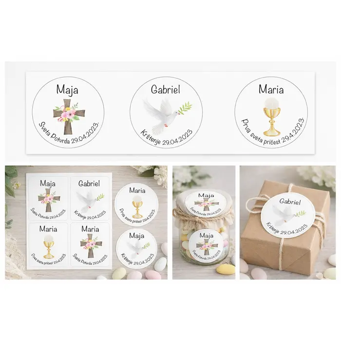 Personalizirane naljepnice za razne prigode– bijela podloga (krštenje, pričest, potvrda)